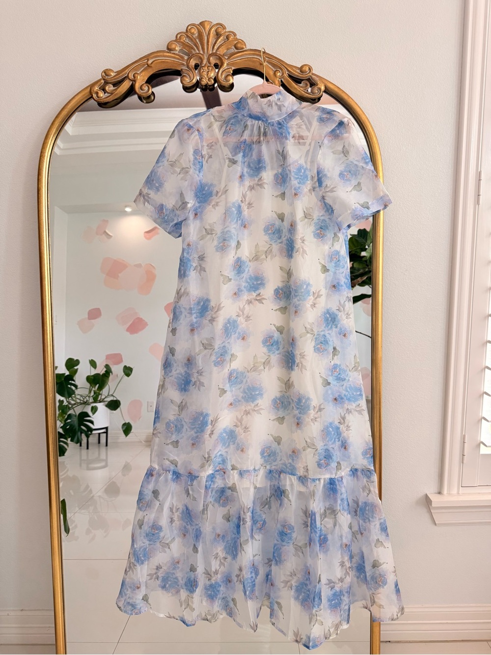 entro Blue Floral High-Neck Chiffon Midi Dress